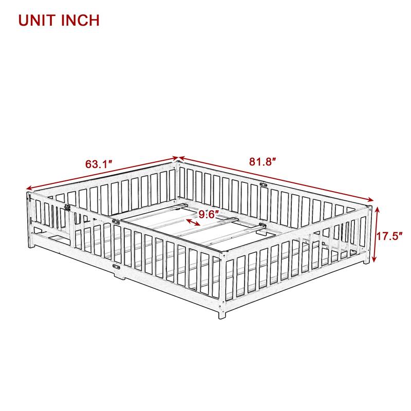 Queen Floor Bed with Fence and Door, Solid Rubber Wood Montessori Floor Bed with Safety Guardrails