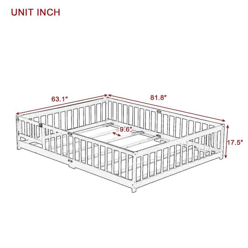 Queen Size Floor Bed with Fence, Door, Rubber Wood Floor Bed with Safety Guardrails, Natural