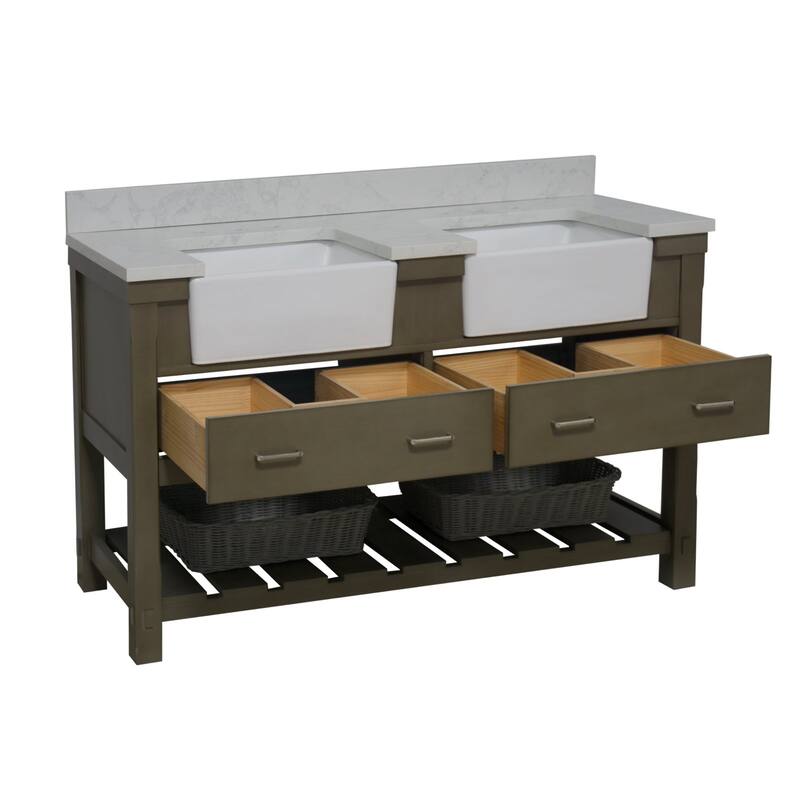 KitchenBathCollection Charlotte 60" Double Farmhouse Bathroom Vanity with Engineered Carrara Top