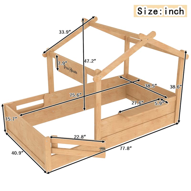 Kids House Floor Bed with Guardrails and Roof, Built-in Tray and Signboard, Montessori Floor Bed for Toddlers