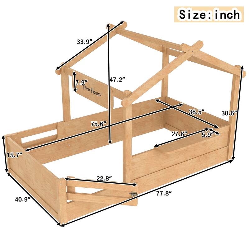 Twin Size Floor Bed with Guardrails and Roof, Kids House Floor Bed with a Small Built-in Tray and Free-installed Signboard