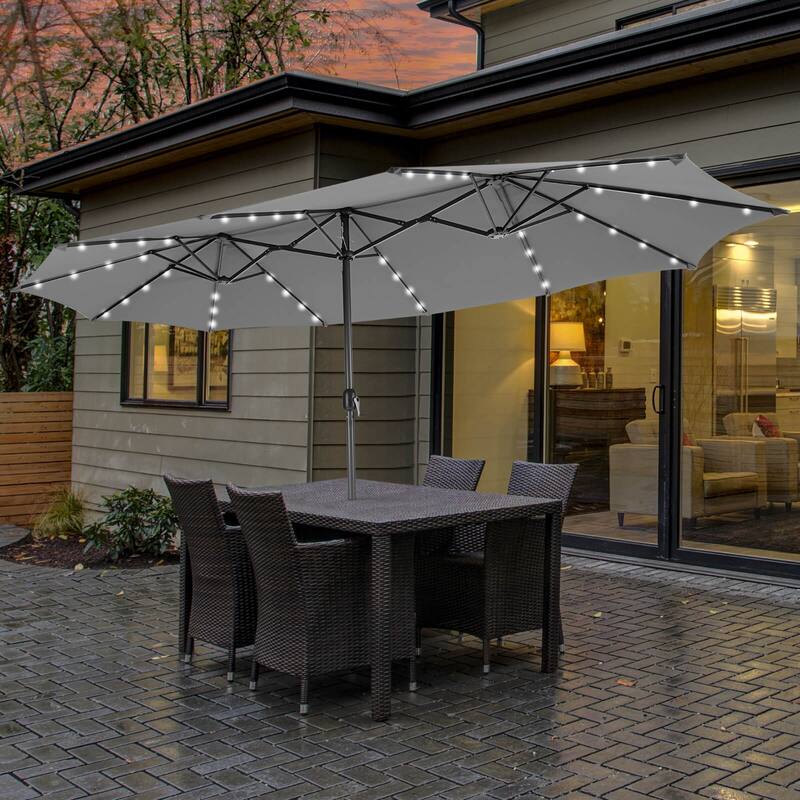 Costway 15 FT Twin Patio Double-Sided Umbrella 48 Solar LED Lights - Grey