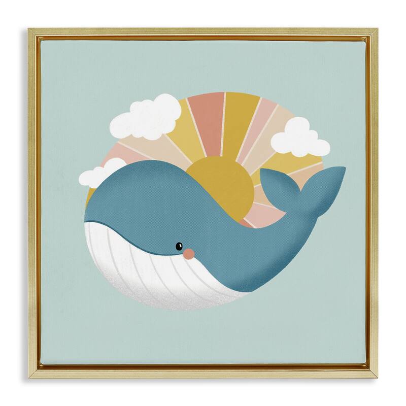 Stupell Whale & Sunshine Rays Framed Floater Canvas Wall Art Design By Sarah Hickman - 25 x 25 - Gold