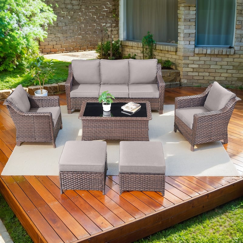 PE Wicker Chair with Sofa Table Ottomans - Grey - Brown