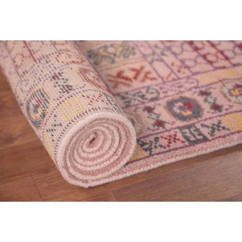 Tribal Pink Geometric Khotan Oriental Runner Rug Handmade Wool Carpet - 2'5"x 9'11"