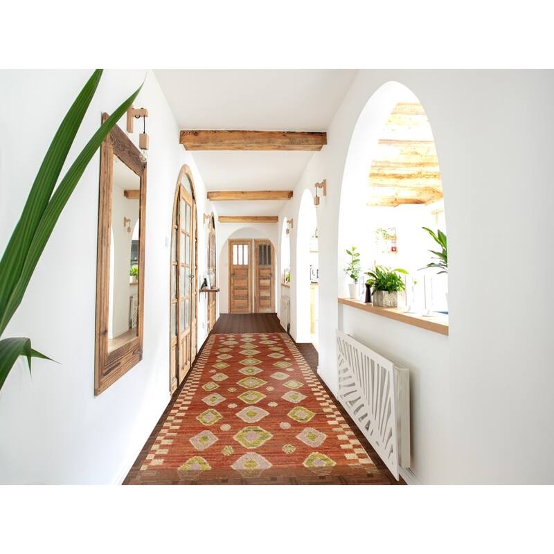 Orange Moroccan Oriental Runner Rug Handmade Hallway Wool Carpet - 3'5" x 15'10"