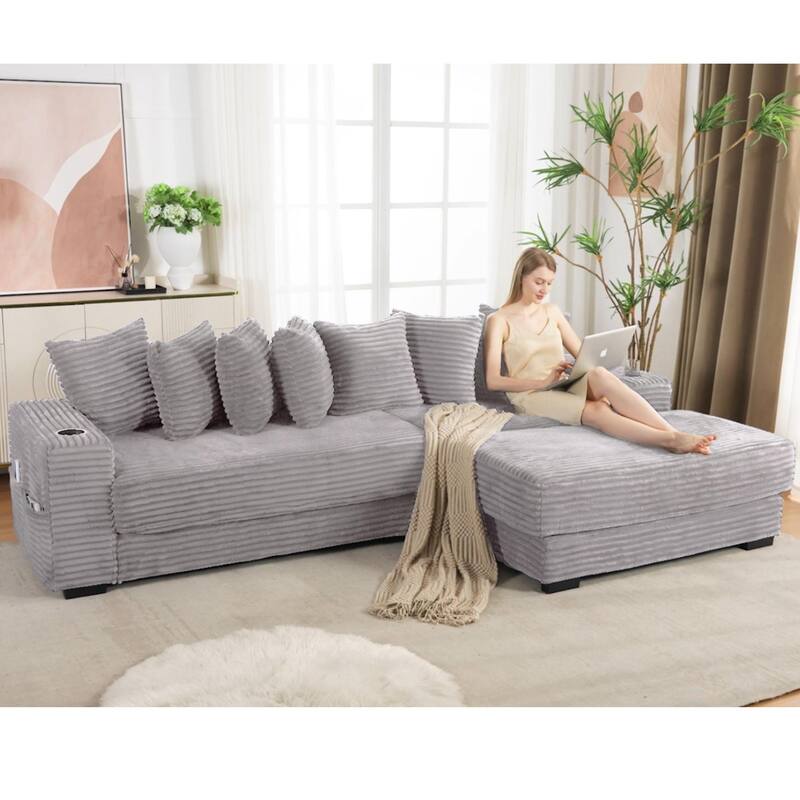 110.75" Corduroy Sectional Sofa, Convertible Sleeper Sofa Bed L-Shaped Upholstered Couch with Removable Footstool, Cup Holder
