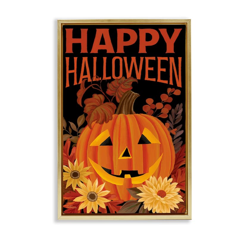 Stupell Happy Halloween Floral Pumpkin Framed Floater Canvas Wall Art Design By Cat Thurman Designs - 17 x 25 - Gold