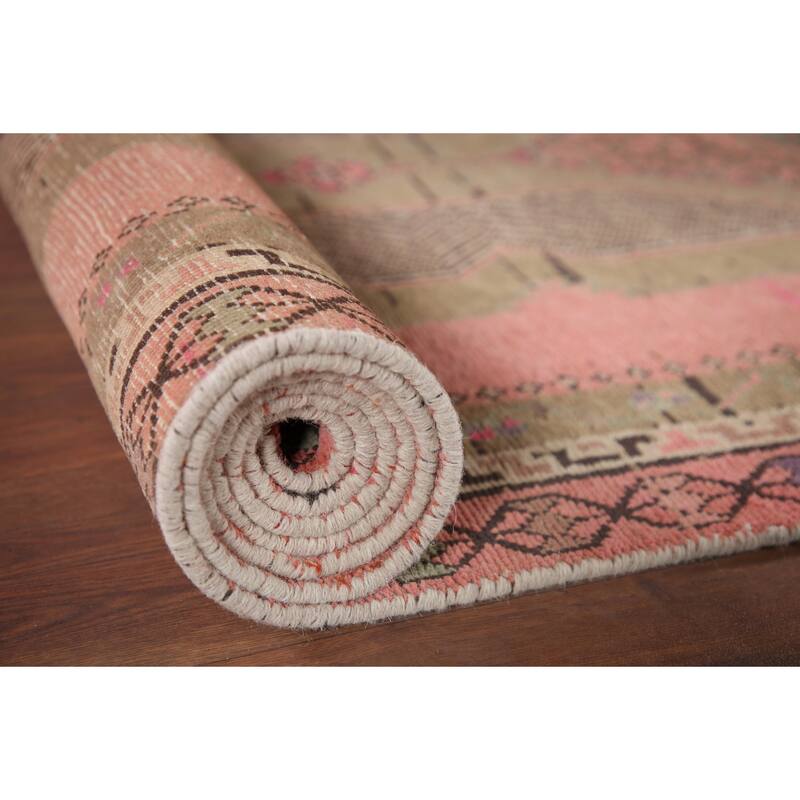 Pink Geometric Sirjan Persian Runner Rug Vintage Handmade Wool Carpet - 3'4" x 12'3"