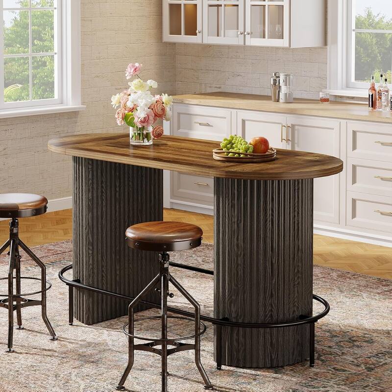 Modern Industrial Oval Bar Table, Counter Height Pub Dining Table with Footrest