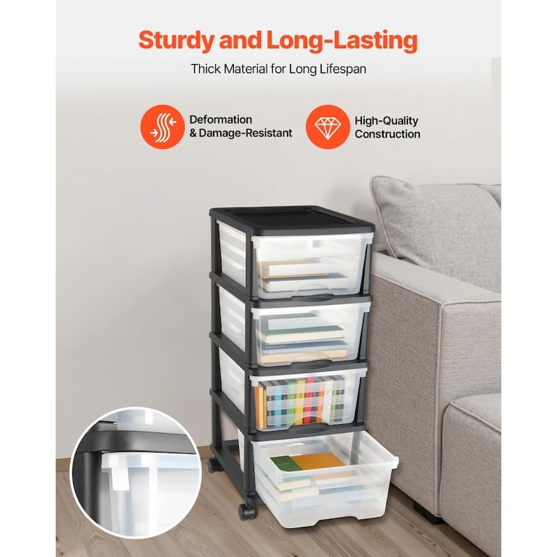 Multi-Purpose Plastic Storage Drawers with Transparent Front and Rolling Cabinet for Bedroom or Kitchen