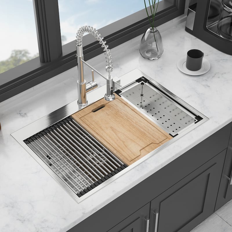 33'' Drop-In 16 Gauge Single Bowl Stainless Steel Kitchen Sink in Brushed Nickel - 33'' x 22'' x 9''