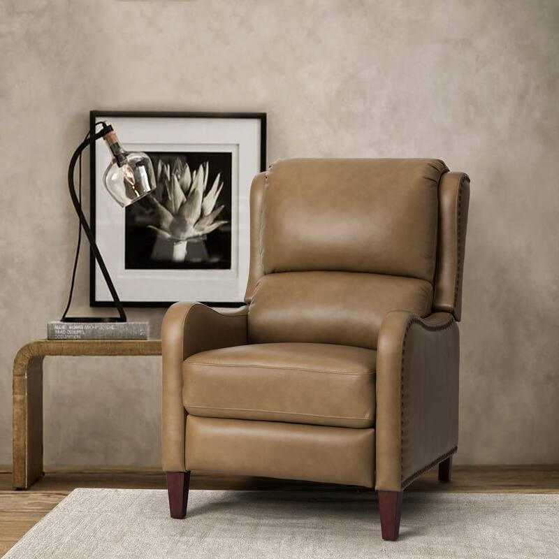 Brigida Cigar Genuine Leather Pushback Recliner with Nailhead Trim by HULALA HOME - TAUPE