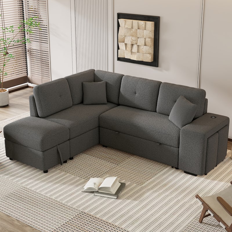 87.70" Chenille Sectional Sofa Bed with Wireless Charger and USB Ports