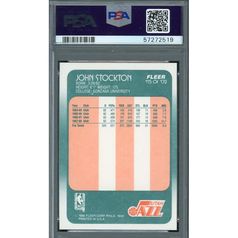 John Stockton 1988 Fleer Basketball Rookie Card RC #115 Graded PSA 7 - 8'6" x 11'6"