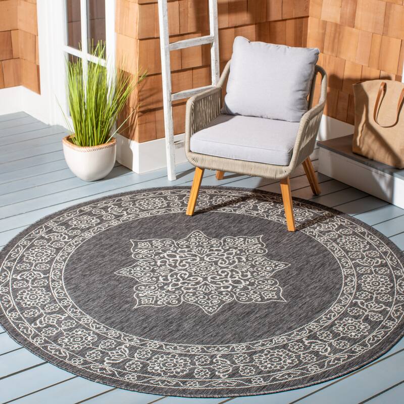 SAFAVIEH Courtyard Maralyn Indoor/ Outdoor Waterproof Patio Backyard Rug - 6'7" x 6'7" Round - Black/Ivory