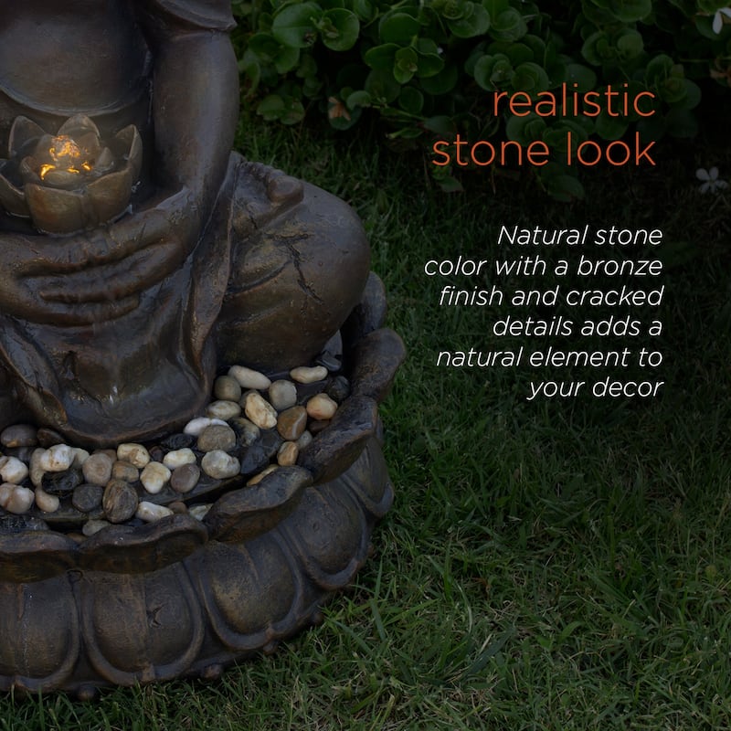Alpine Corporation GEM122 33" Bronze Outdoor Meditating Buddha Water Fountain with LED Lights