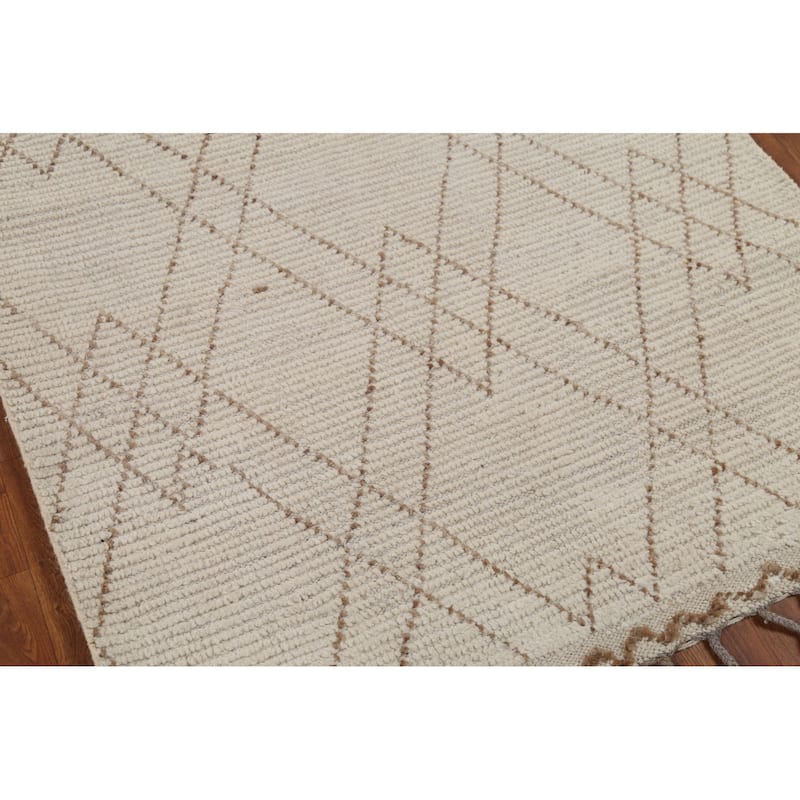 Ivory Striped Moroccan Oriental Runner Rug Handmade Wool Carpet - 3'11"x 13'0"