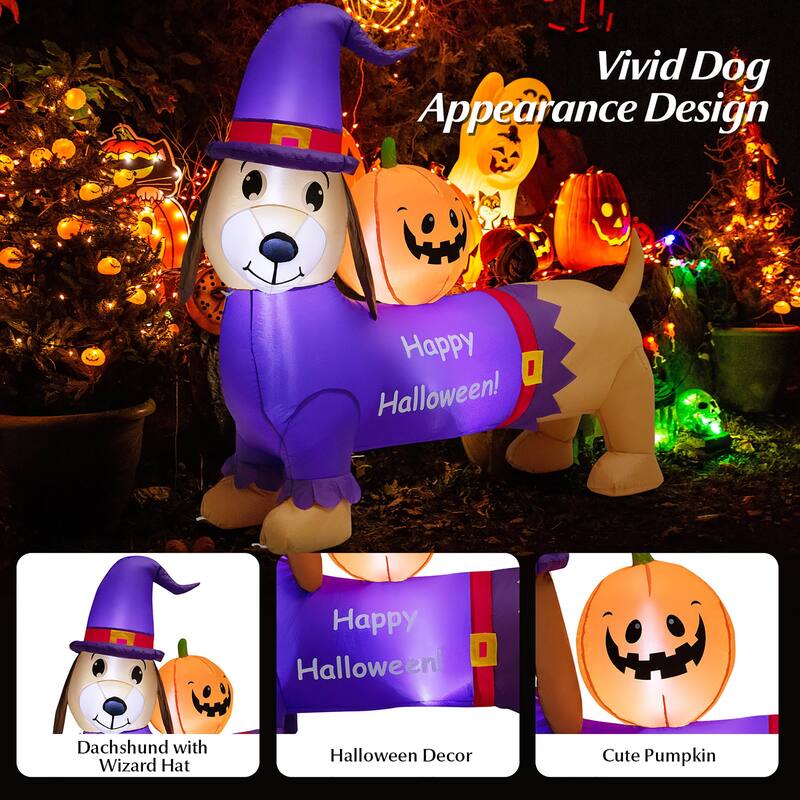 Gymax 5FT Inflatable Halloween Dachshund Dog & Ghost Pumpkin Holiday
