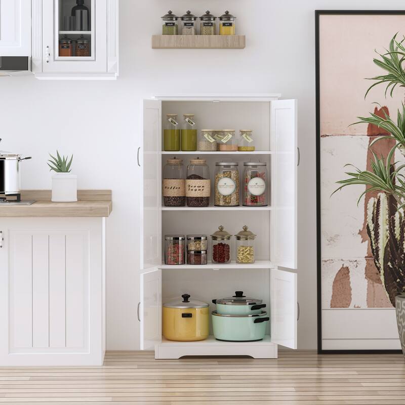 HOMCOM 4-Door Practical Storage Cabinet Multi-Storey Flexible Space Pantry w/Adjustable Shelves 2 Lower Doors, White