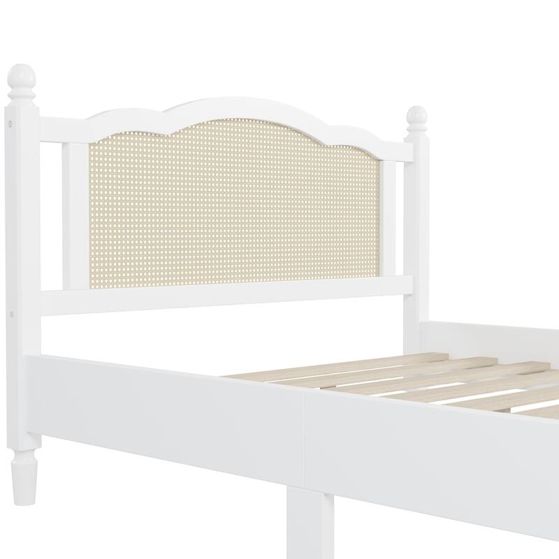 Wooden Platform Bed with Arc Rattan Headboard Bed Frame, Pine Wood Panel Bed, Solid Wood Legs for Bedroom
