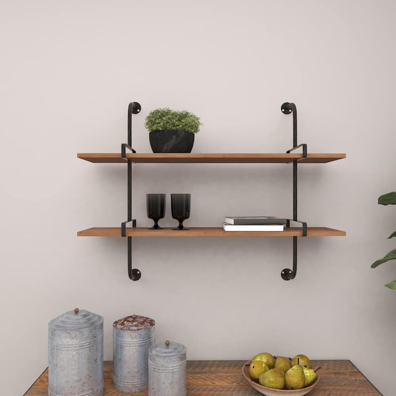 3 Level Wood Wall Shelf with Black Metal Brackets - Brown or Gray
