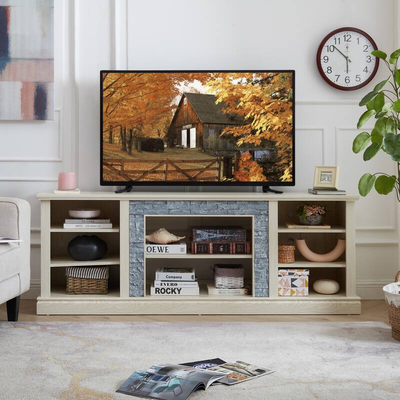 GDFStudio Alaric 70" Wood TV Stand with Ample Storage and Faux Stacked Stone Surround