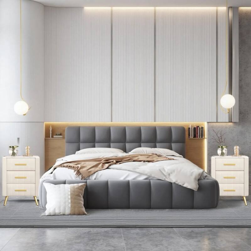 3-Pieces Bedroom Sets, Queen Size Upholstered Platform Bed with Thick Fabric ,and Two Nightstands with Metal Legs&Handles - Gray+Beige