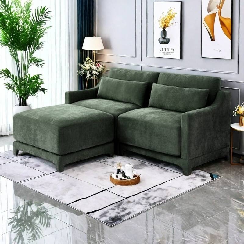 Modern Chenille 4-Seater Sofa with 2 Ottoman, Lumbar Cushions, Ergonomic Backrest, High-Resilience Spongeand Tufted Armrests - 2 Seater with Ottoman Green