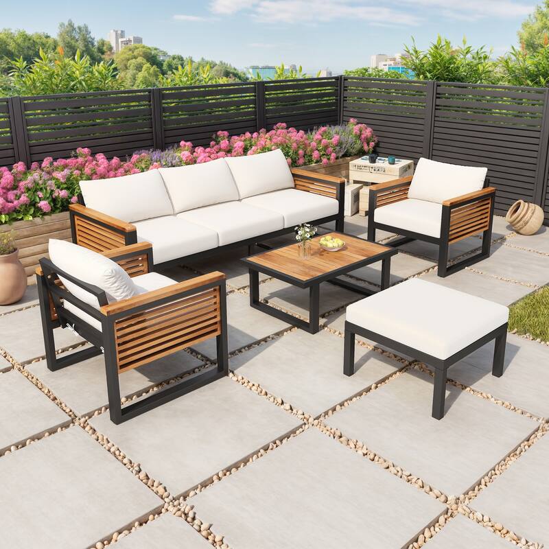 Outdoor Sectional Sofa Set with Ottoman and Coffee Table, L-shape Recliner Couch with Chaise Lounge, Acacia Wood Sofa Set - Beige Teak Black 5 PCS
