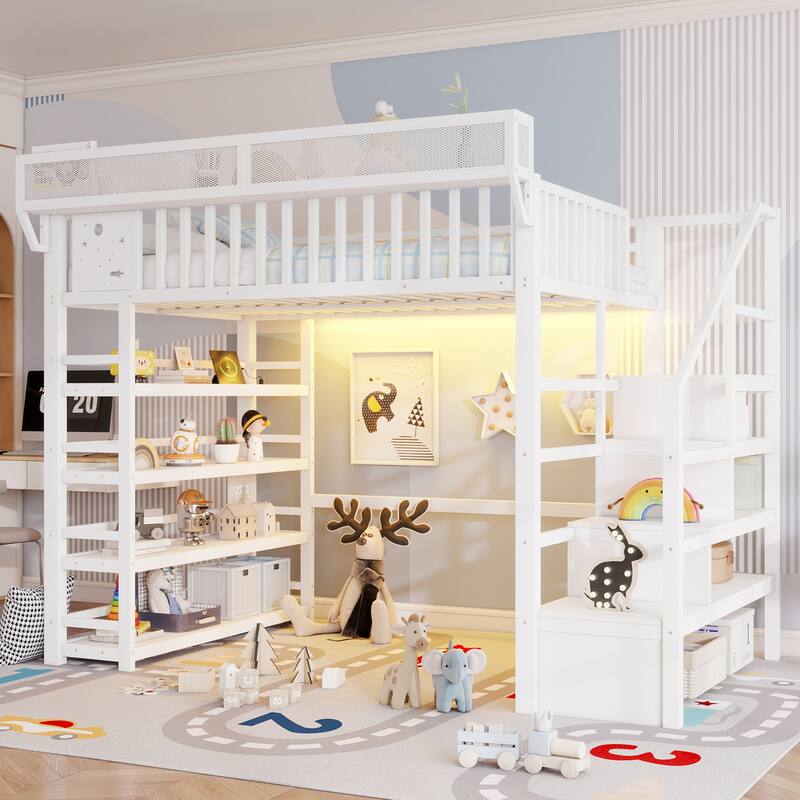 Full Size Metal Loft Bed with Charging Station and 4-Shelf Storage, Kids & Teens Loft Bed with Storage Stairs