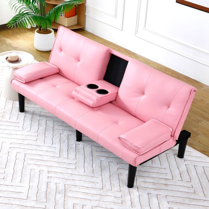 67 in Black PVC Foldable Sofa with Cup Holder - Pink