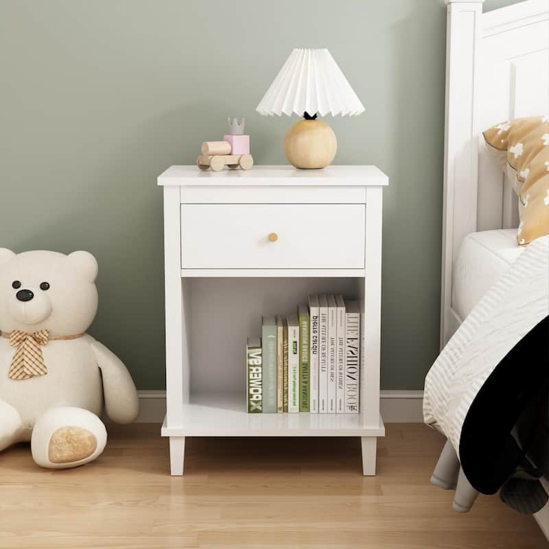 Anmytek White Nightstand with Drawer and Shelf Farmhouse Modern Bedside Table