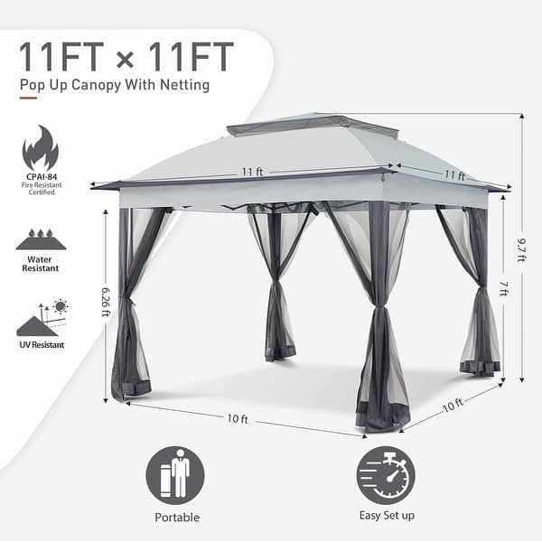 11x11ft Pop Up Gazebo Tent With Mosquito Netting, Outdoor