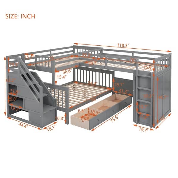 dimension image slide 1 of 3, Twin-Twin over Full L-Shaped Bunk Bed with 3 Drawers, Portable Desk, Wardrobe, Guardrails & Solid Pine Frame, Grey