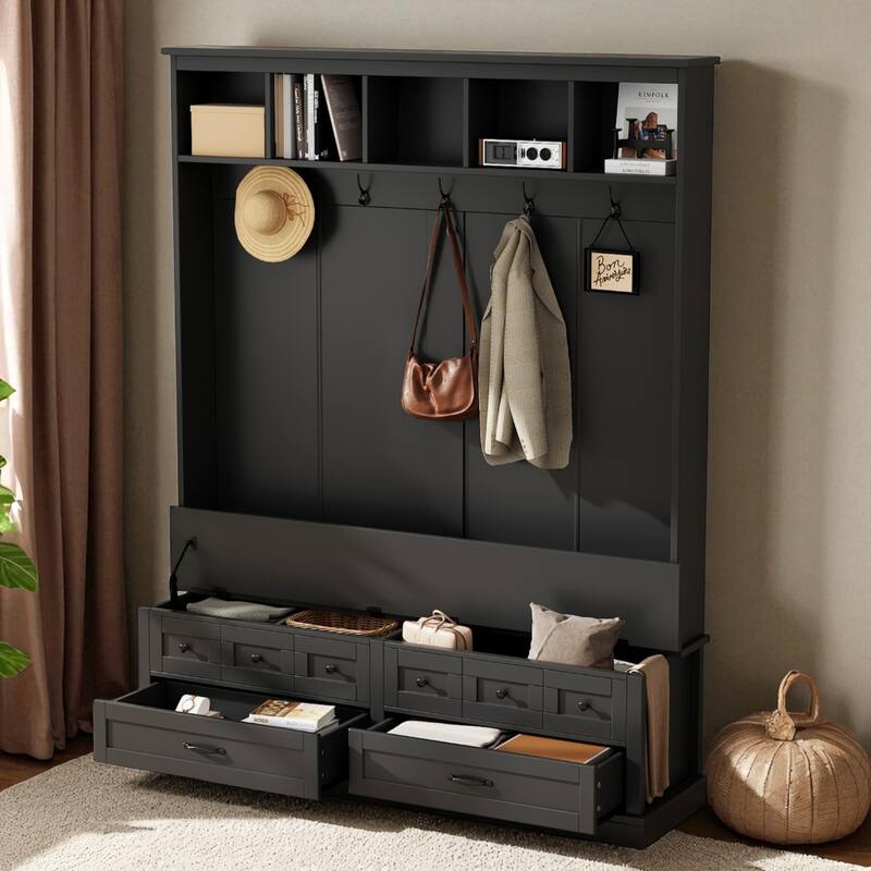 59 in Hall Tree with Lift-Top Bench, 5 Hooks, 2 Drawers, Entryway Coat & Shoe Organizer, 74 in H - Black