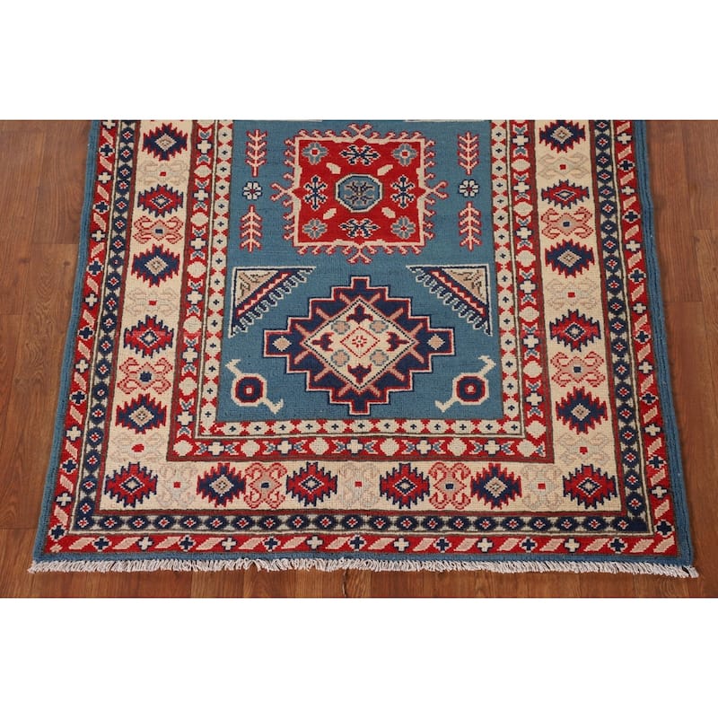 Blue Geometric Kazak Oriental Accent Rug Hand-Knotted Wool Carpet - 3'6"x 4'6"
