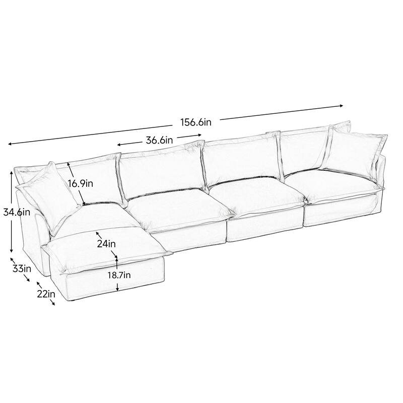 Modern 4 Seater Upholstered Sofa with 1 Ottoman and 2 Pillows