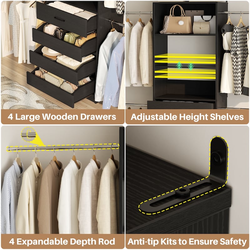 Rackcog 74''-115'' Closet System with 4 Wooden Drawers and 4 Hanging Rods, Sturdy Closet Organizer for Walk-in/Reach-in Closet