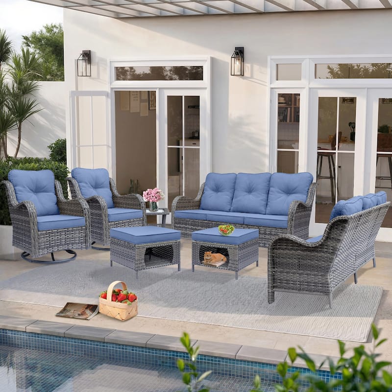 7-Piece Outdoor Wicker Patio Conversation Swivel Chairs Furniture Sets - Denim Blue