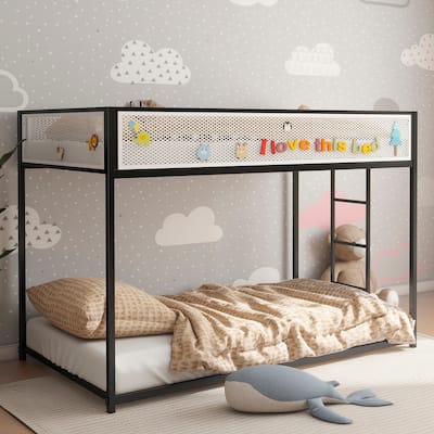 Adam Twin Over Twin Metal Bunk Bed (Black) - White Mesh Guard Rail, Low Profile, Stable Ladder - for Kids & Adults