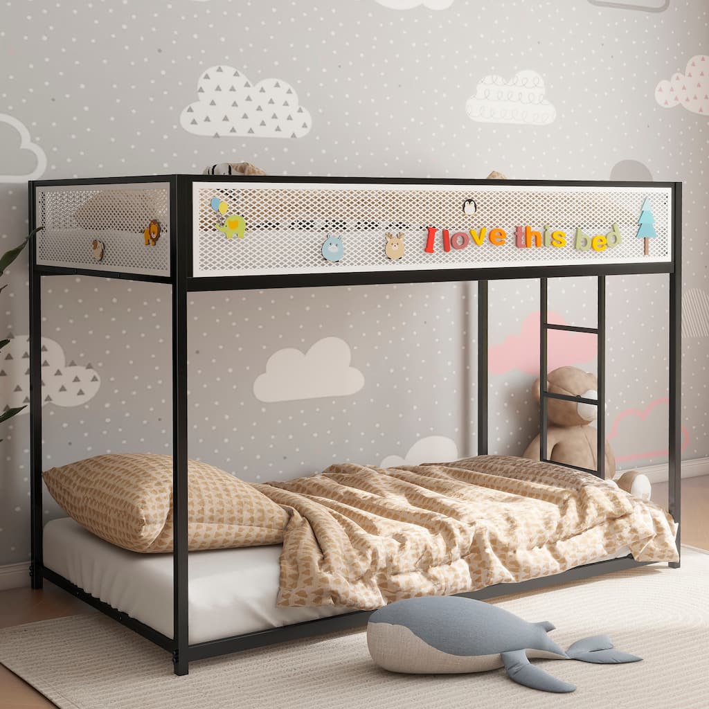 Low Profile Twin Over Twin Metal Bunk Bed with Safety Guard Rails and Exchangeable Ladder