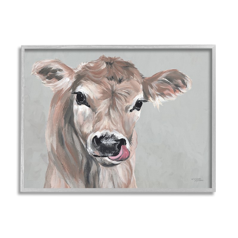 Stupell Cute Baby Farm Cow Calf Licking Lips Portrait Framed Wall Art - Grey