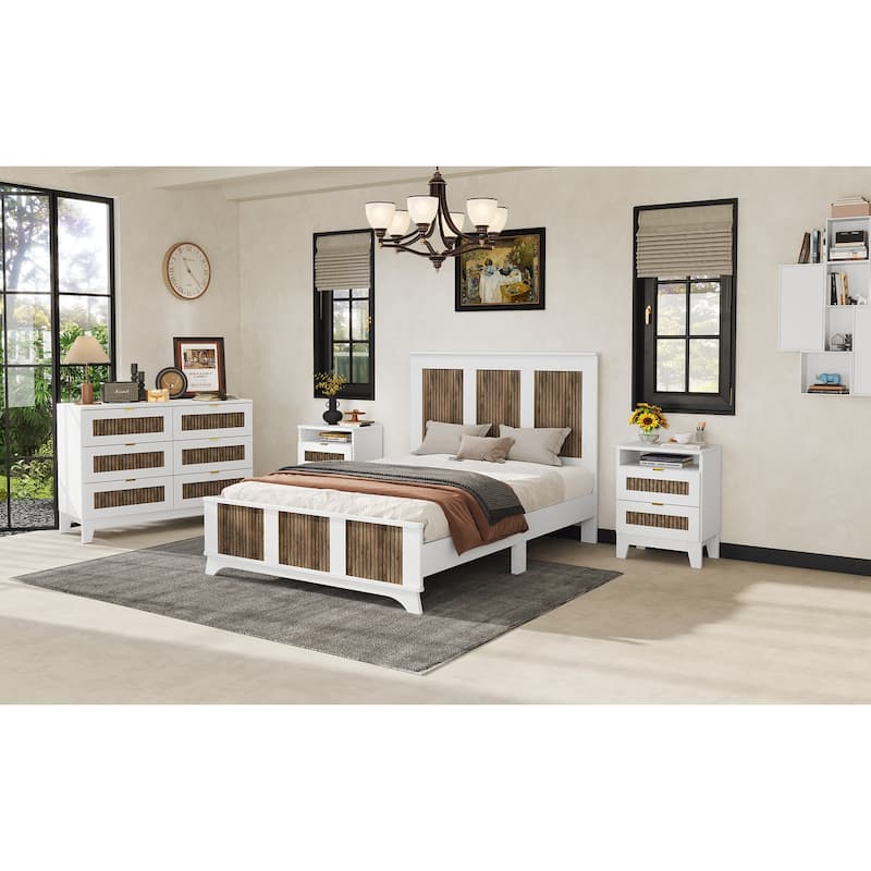 Farmhouse Wooden Platform Full Size Bed, Modern Platform Bed with Wooden Strip Decoration, Plywood Slats Support, White