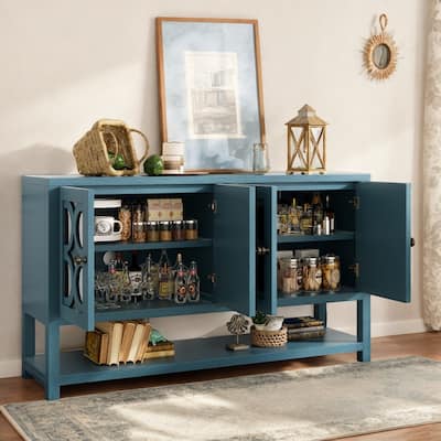 Retro Console Table/Sideboard with Mirrored Doors & Acacia Wood Legs for Any Room, Antique Navy