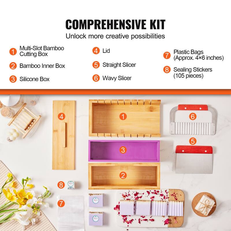UIMOSO Soap Making Kit, Bamboo Cutting Box and Inner Box with Silicone Mold, Stainless Steel Straight Cutter and Wavy Cutter