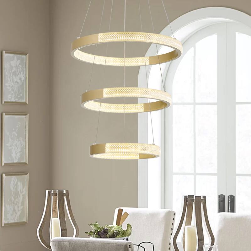 3-Light Unique Tiered LED Chandelier - 18.9'' H x 19.88'' W x 19.88'' D - Gold
