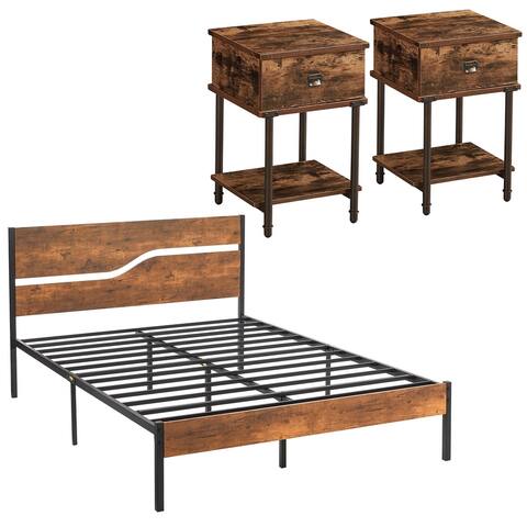 VECELO Mid Century 3 Piece Bedroom Set Platform Bed Frame, and Nightstands Set of 2, Rustic Brown