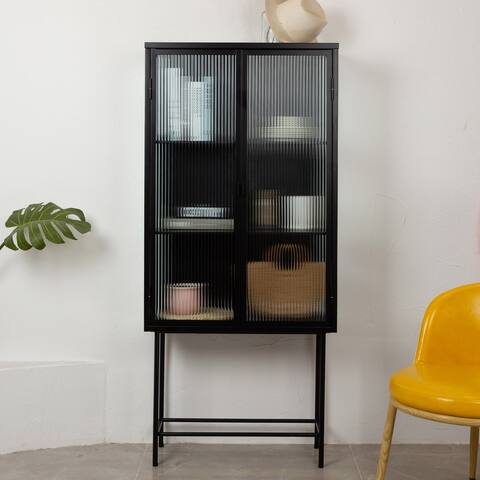 Retro Fluted Glass Storage Cabinet, Corner Cabinet, Metal Tall Display Cabinet, Rustic Sideboard with Doors and Shelves