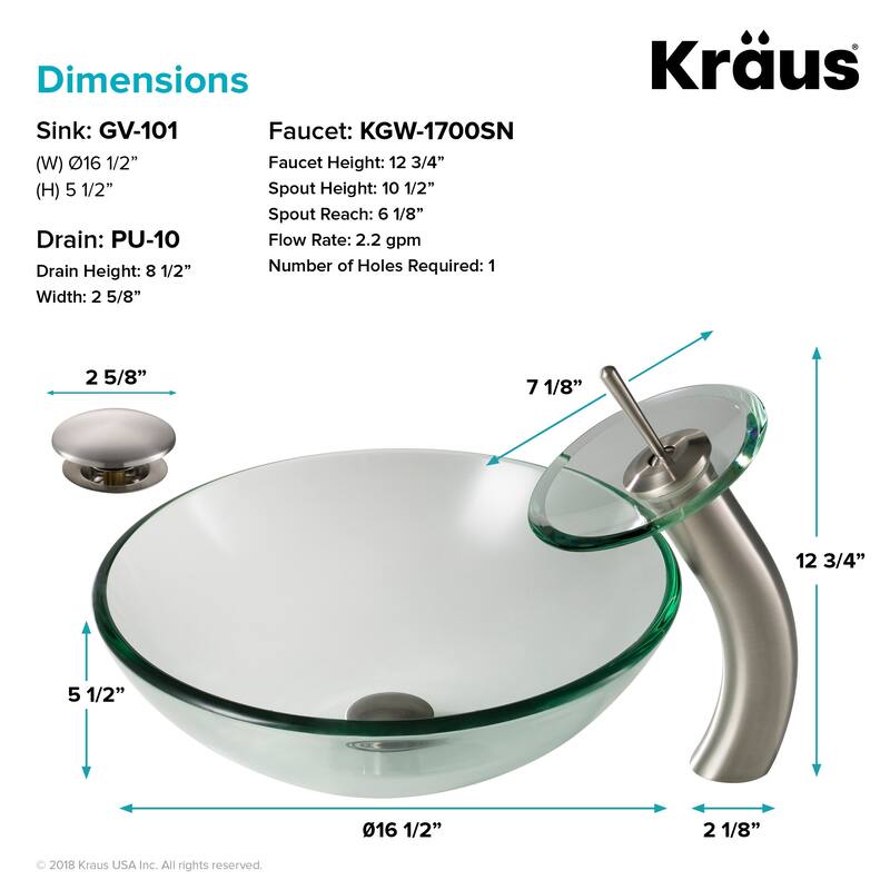 Kraus Bathroom Combo - 16-1/2" Clear Glass Vessel Bathroom Sink with